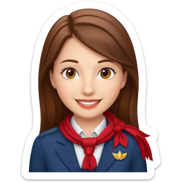 Female flight attendant, with red scarf, white shirt, long brown hair, brown eyes, iOS emoji-type face, fair skin,  sticker