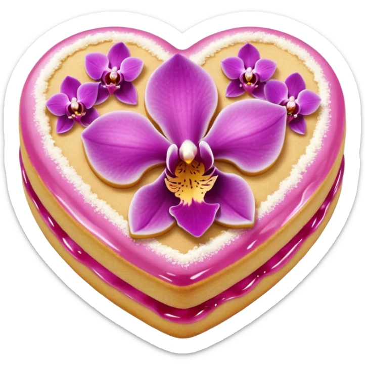 Realistic shortbread cookie in the shape of a heart with orchid color jelly middle filling and sprinkled powder sugar on top. sticker