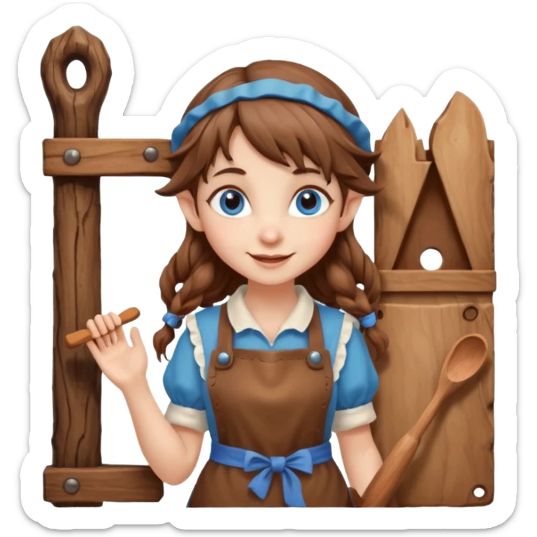 Kind happy whimsical quirky Girl toymaker, wood carving elf. Woodland creator. Blue eyes. brown hair (just below chin length) wavy hair & bangs. Whimsical playful cute sticker