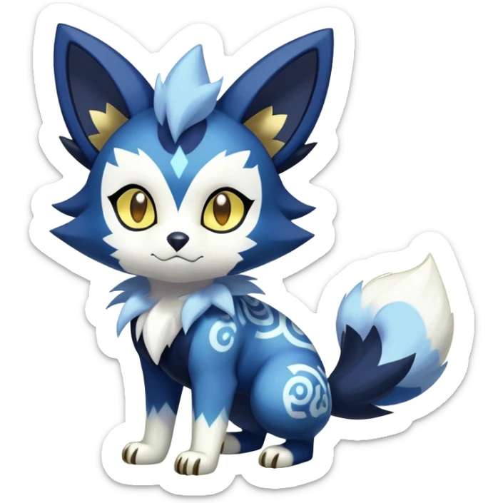 Shiny mExotic Colorfulj Excessive Mysterious Gothic Meowstic-Zorua-Poochyena-Pokémon-Fakémon-hybrid-creature (full body) with pattern-markings with golden eyes sticker