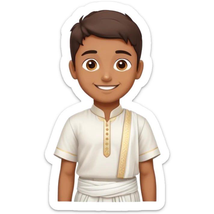 Samsung emoji-style cartoon of a Tamil boy in cultural dress: white dhoti, short-sleeved shirt, decorative angavastram, smiling sticker