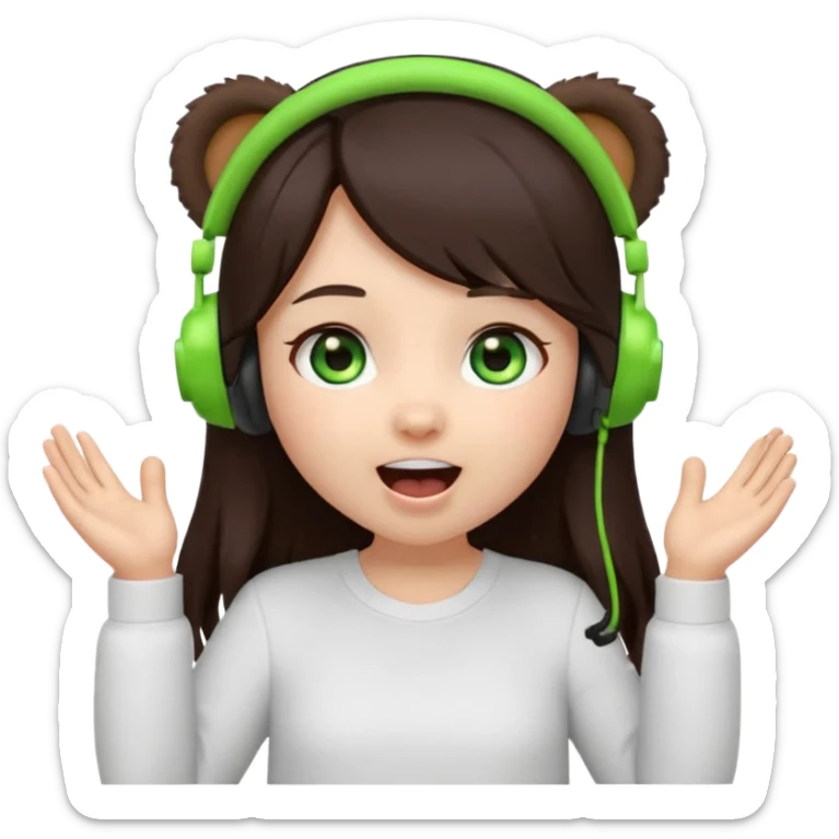 Animated emoji, Chibi girl, long dark brown hair, green eyes, wearing a white shirt and small brown bear ears on a black headset, with wide happy surprised eyes and mouth and clapping excitedly sticker