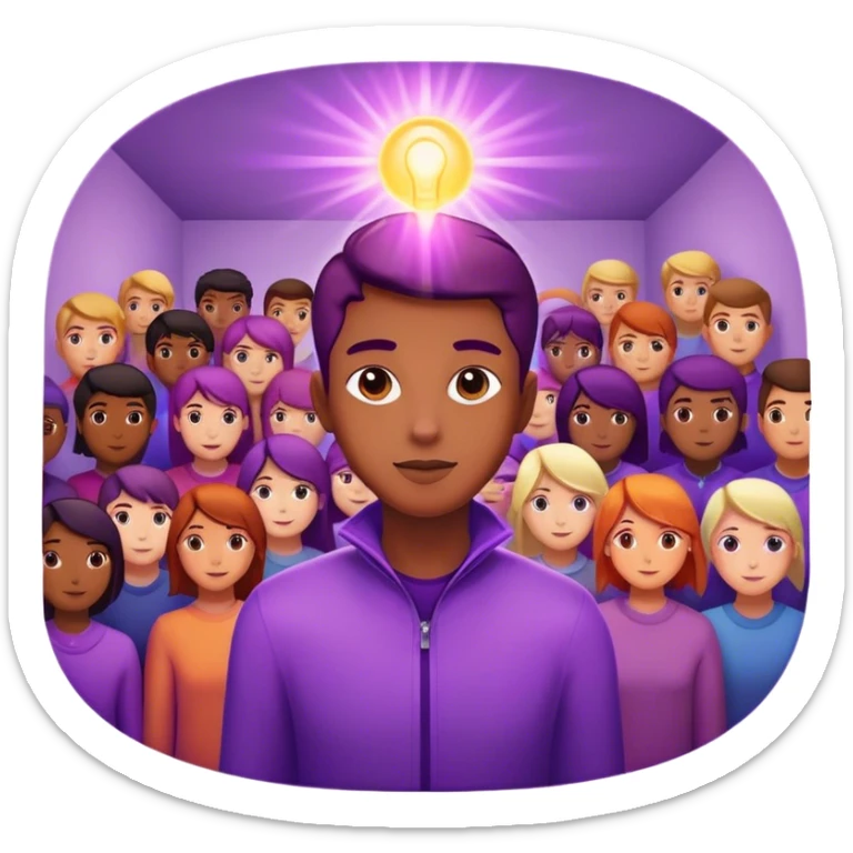 A charismatic person glowing in center of a room, radiating a violet warm bright aura glow, he is attracted with a lot of people around sticker