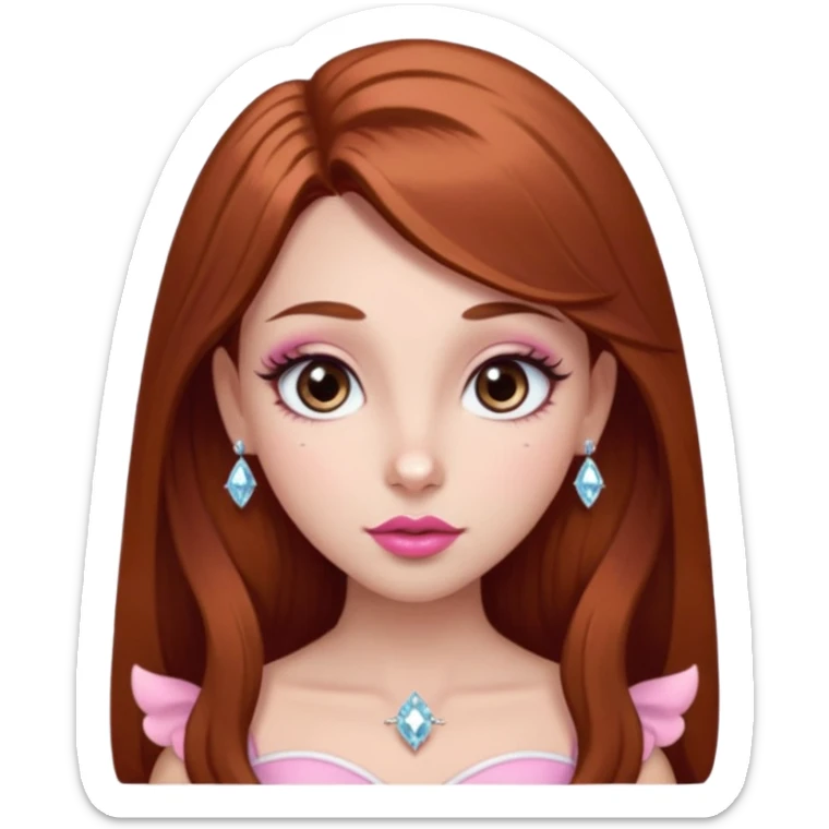 girl with fair skin, long straight reddish brown hair, big brown almond eyes, long eyelashes, thick dark eyebrows, straight nose, full pink lips with cupids bow, diamond face shape, clean girl aesthetic sticker