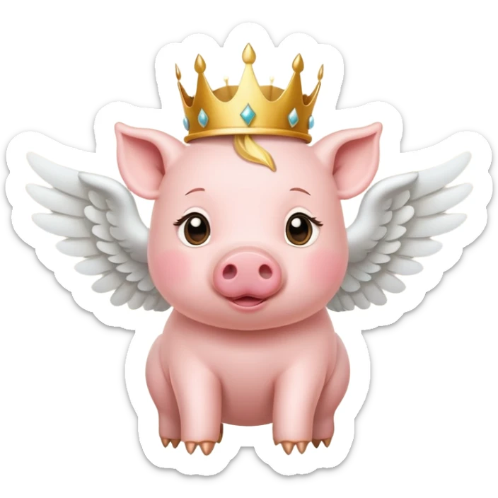 a cute little pink pig flying cross with angel wings and gold crown on it's head sticker