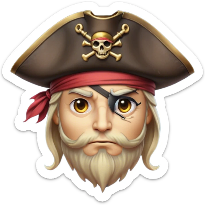 Clash of Clans aesthetic friendly Pirate Portrait Emoji, With a rugged yet stylized build featuring a weathered tricorn hat, a bold eye patch, and a determined, adventurous gaze, his face rendered in a natural skin tone (not yellow), Simplified yet sharply defined features, highly detailed, glowing with a cool, briny radiance, high shine, intelligent and daring, stylized with an air of swashbuckling nautical authority, focused and resolute, soft glowing outline, capturing the essence of a confident pirate ready to set sail on epic adventures! sticker