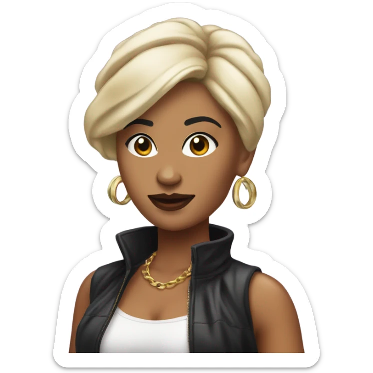 Tanned woman with black hair dressed in 1990s hip hop hair, makeup, and attire  sticker