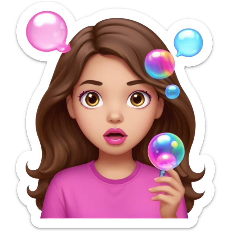 girl with long wavy brown hair, brown eyes, light to medium complexion, in a pink shirt, pink lips, long lashes, surprised, wow bubble sticker
