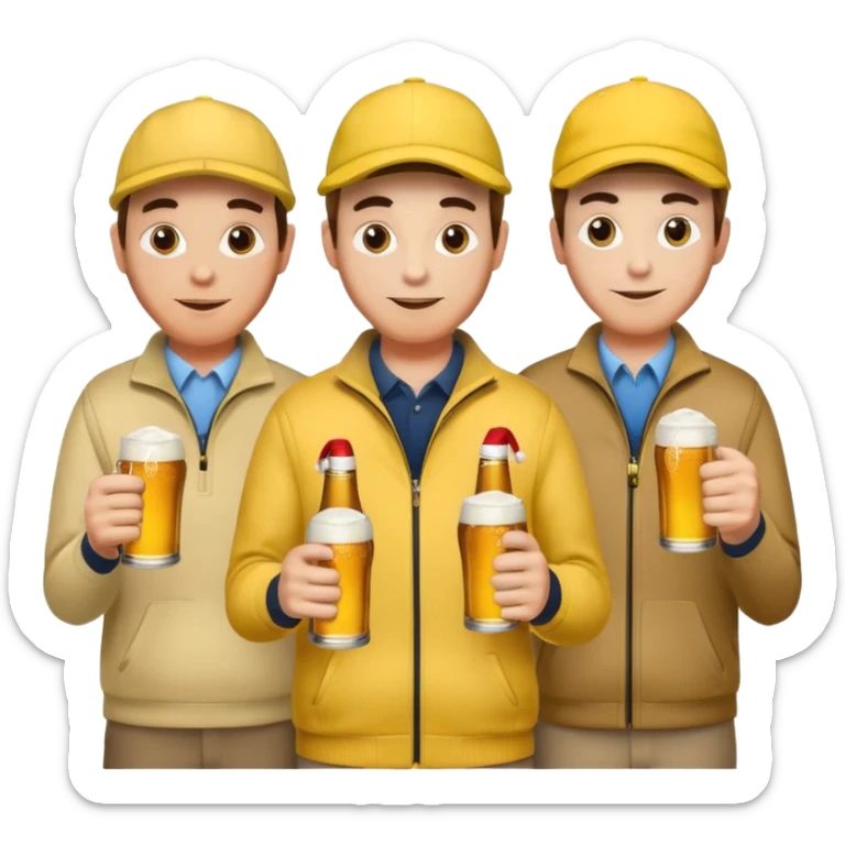 16 men on a golf trip wearing yellow golf caps all holding a beer can with a Xmas style label. Has to be 16 of them. sticker