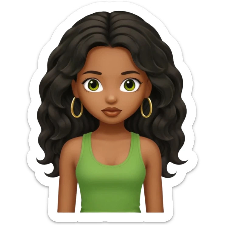 a pretty bratz brown girl with long wavy black color hair and green tank top on sticker