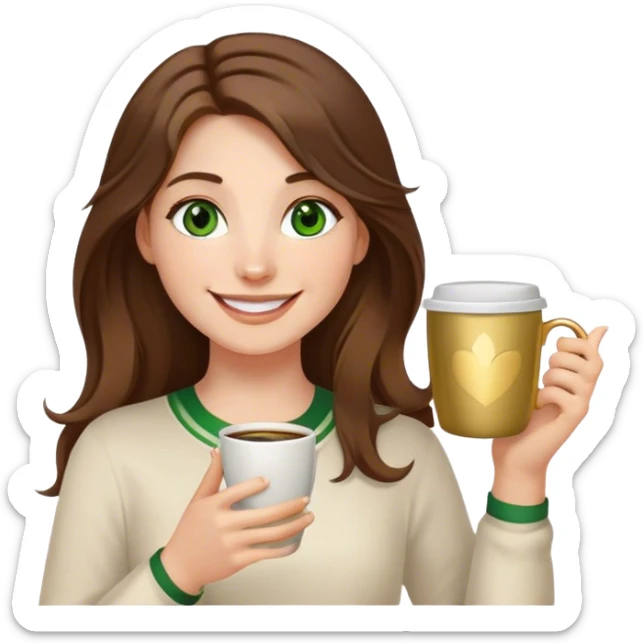 Long, Brown haired girl with middle hair part, green eyes, gold hoop nose ring, smiling, waving with one hand, coffee mug in the other sticker
