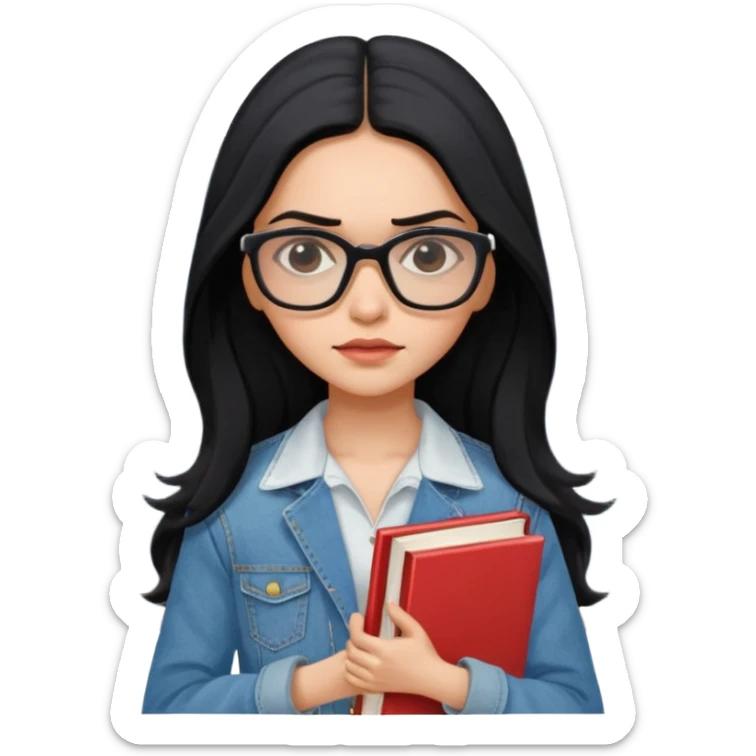generate a pretty bratz emoji 
Make her wear a white dress with a denim jacket over it.long  black hair in a side part. Holding books

She should look exactly  like Deepika padukone! wearing tiny rectangular spectacle, looking sad sticker