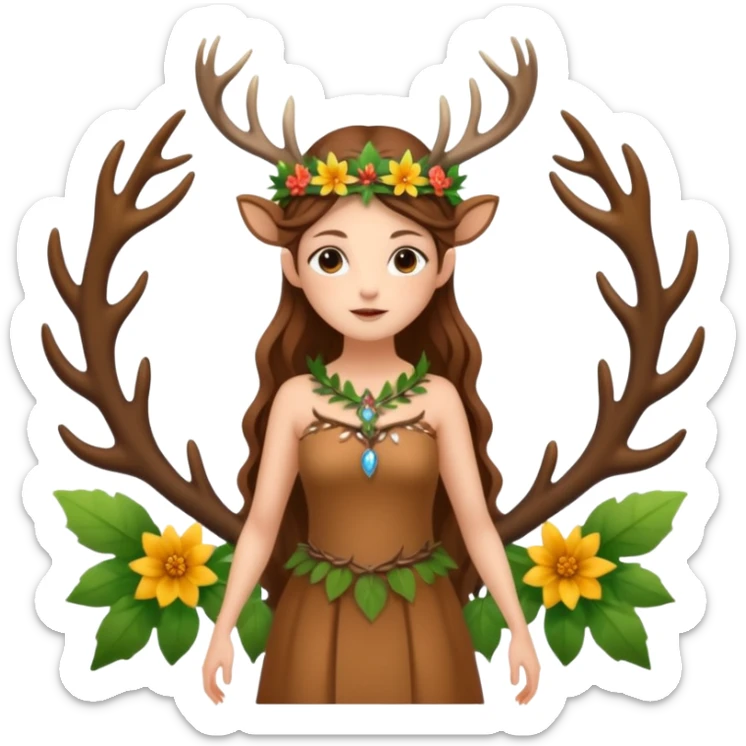 forest fairy woman dressed as deer spirit, antler crown and leaf dress, standing in flowers sticker