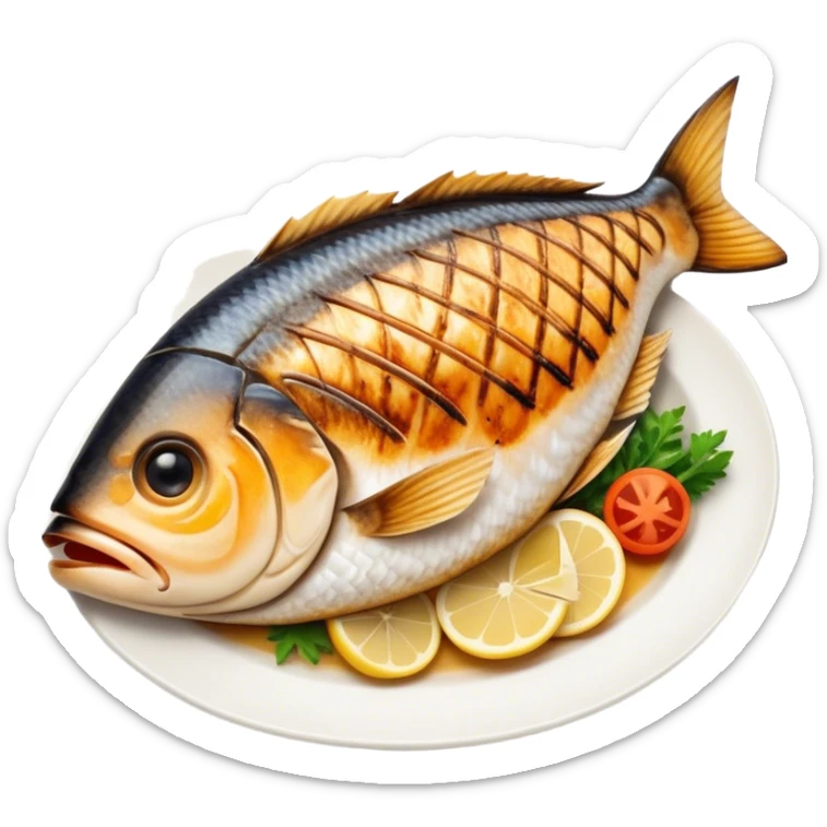 Gradele Cinematic Realistic Gradele Dish Emoji, depicted as 2 perfectly grilled fish with prominent grill marks and a smoky finish, rendered with vivid textures and dynamic, natural lighting. sticker