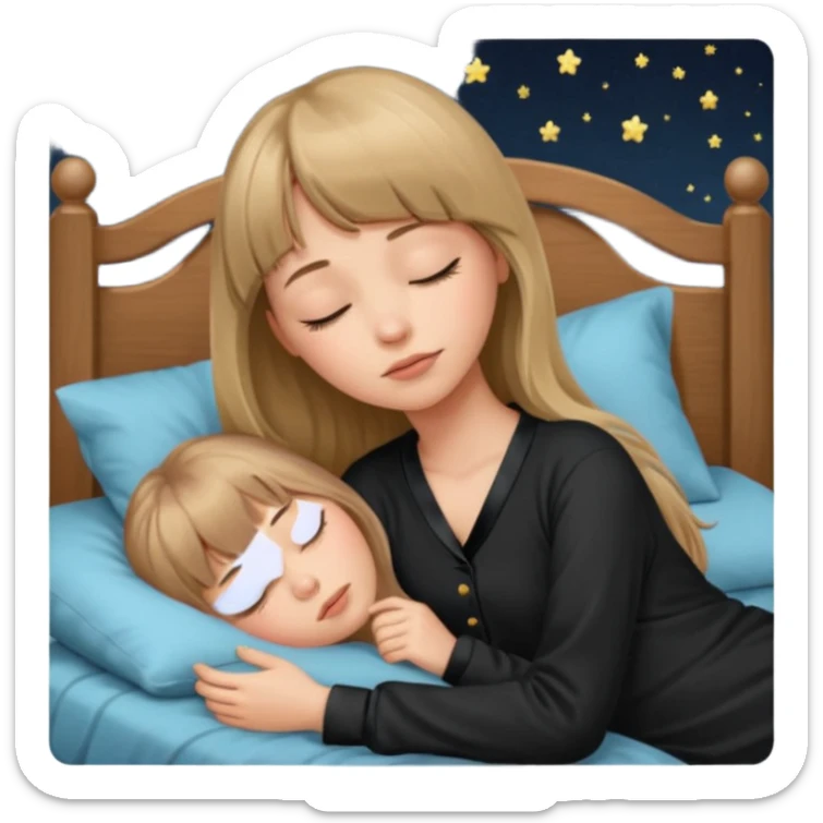 Young woman with long dark blond hair all around her, and a bang, sleeping in bed  with black pyjama  sticker