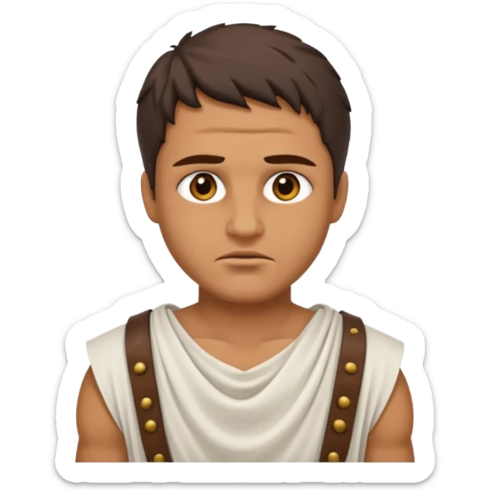 Emoji portrait of a Roman slave. Plain tunic, scar on the face, downtrodden expression. sticker