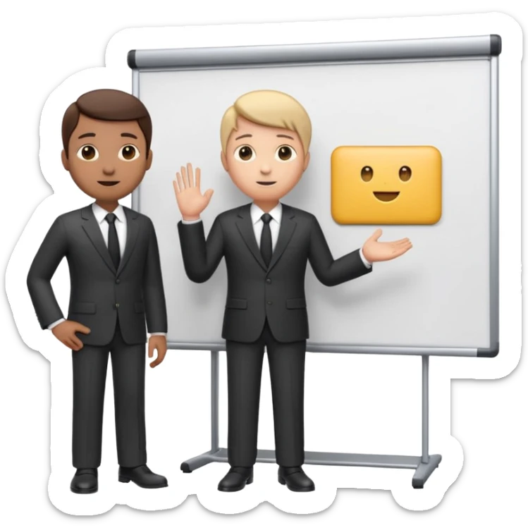 A clean emoji-style illustration of a person giving a presentation, standing next to a large presentation board on a stand, board is white and there is nothing on it, the board is oversized and clearly visible, no podium, no desk, no table, friendly proportions, soft 3D emoji style sticker