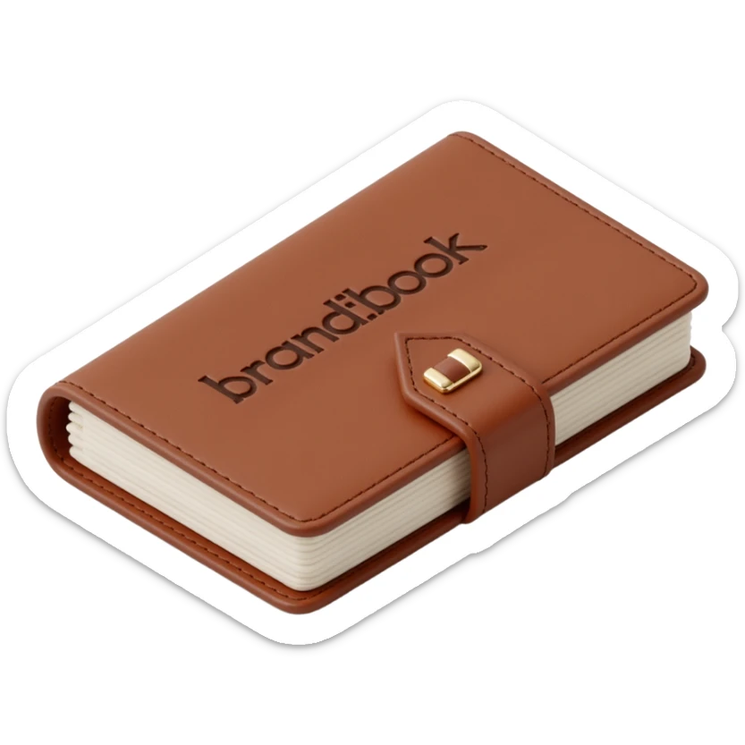 leather-bound notebook with stitching and 'brandbook' in bold written on it, skeuomorphism icon style sticker