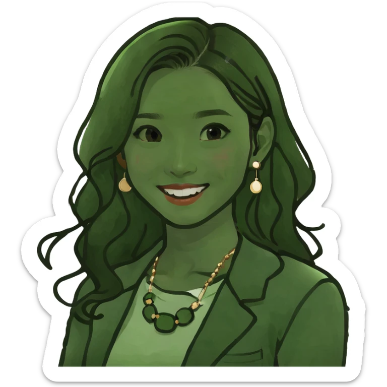 Beautiful 19-year-old Korean young woman with fair skin, brown hair, brown eyes, eyelashes, smiling lips, and long wavy hair with a middle part sticker