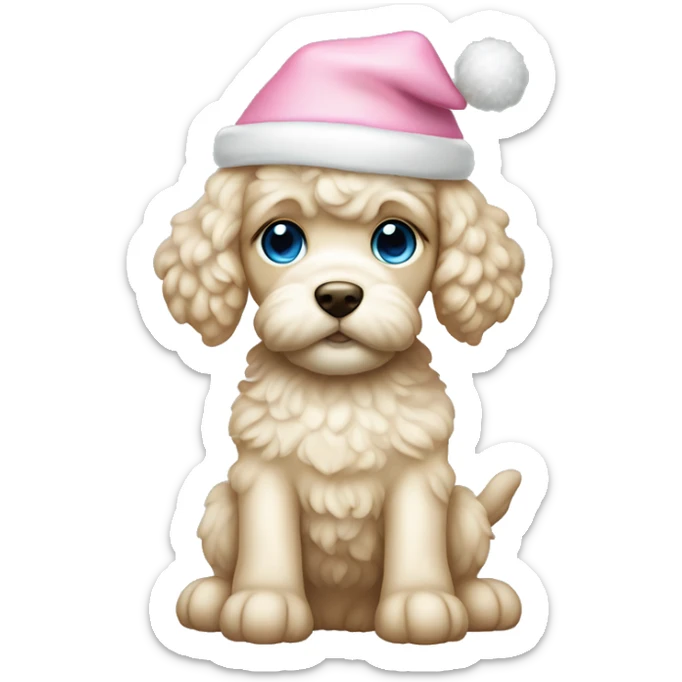 Cream cockapoo puppy whole body with pastel blue eyes, and with pink Christmas hat sticker