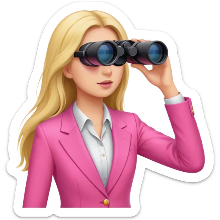 woman with long hair in an intensive color pink suit looking through binoculars sticker