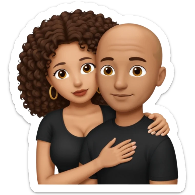 A mixed girl, the girl is wearing a black shirt, the girl has brown curly hair  and the girl has big boobs. A Mexican man is embracing her, with bald hair and clean shaven sticker