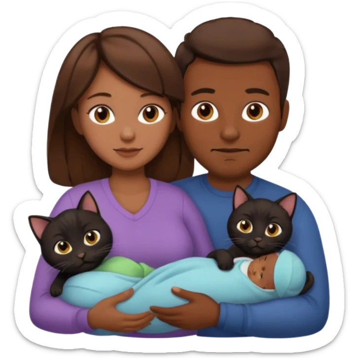 1 mom brown hair, 1 dad no beard, 1 baby and 1 black cat sticker