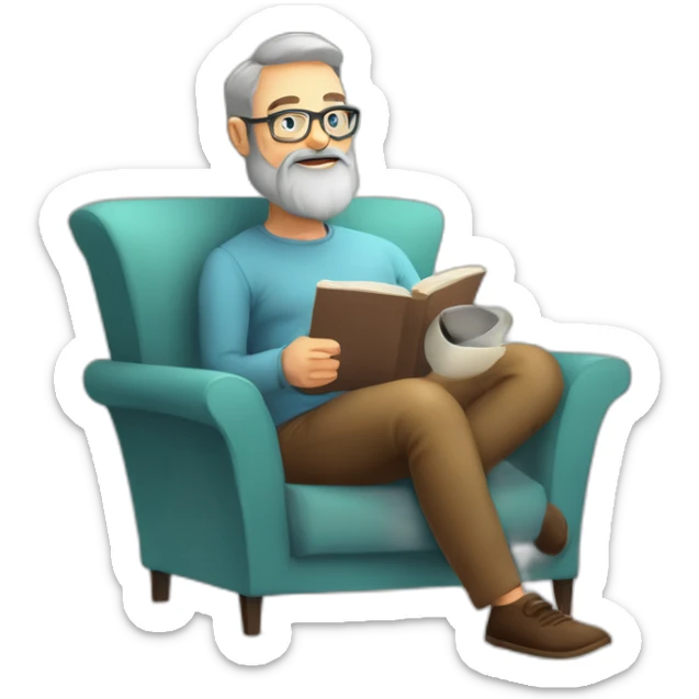 Bearded 50 years old man, glasses, perspective armchair, Reading at home, drinking a coffee, relax sticker