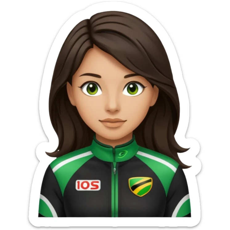 brunette long hair woman with black racing outfit with green strips sticker