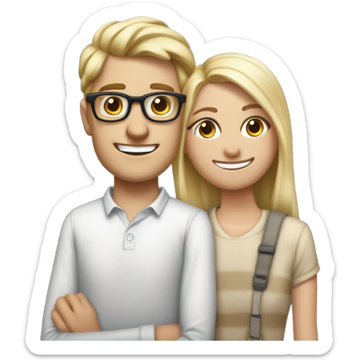 Create an iPhone-style emoji of a nerdy, skinny, white blond guy in his mid-20s with glasses and braces, standing behind his shorter adopted sister, hands on her shoulders, smiling menacingly at her. sticker