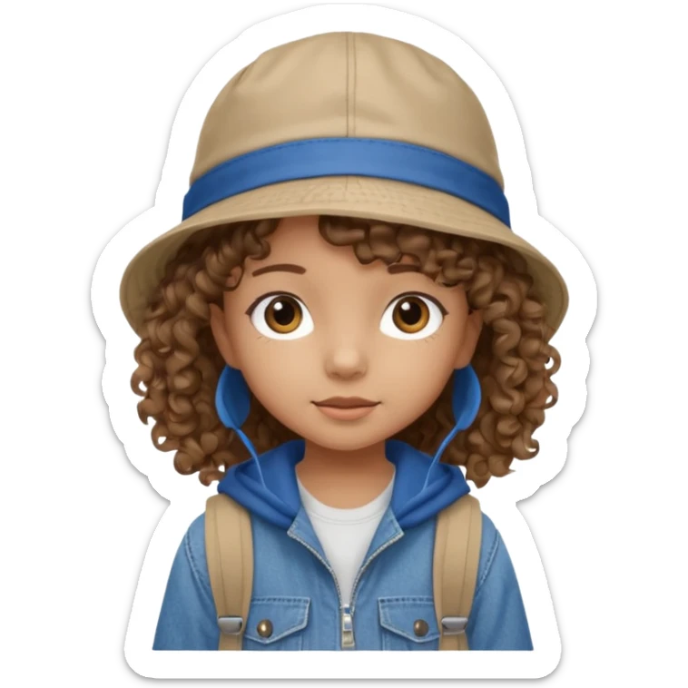A little girl student curly brown hair, with jean bucket hat, beige jacket, blue backpack sticker