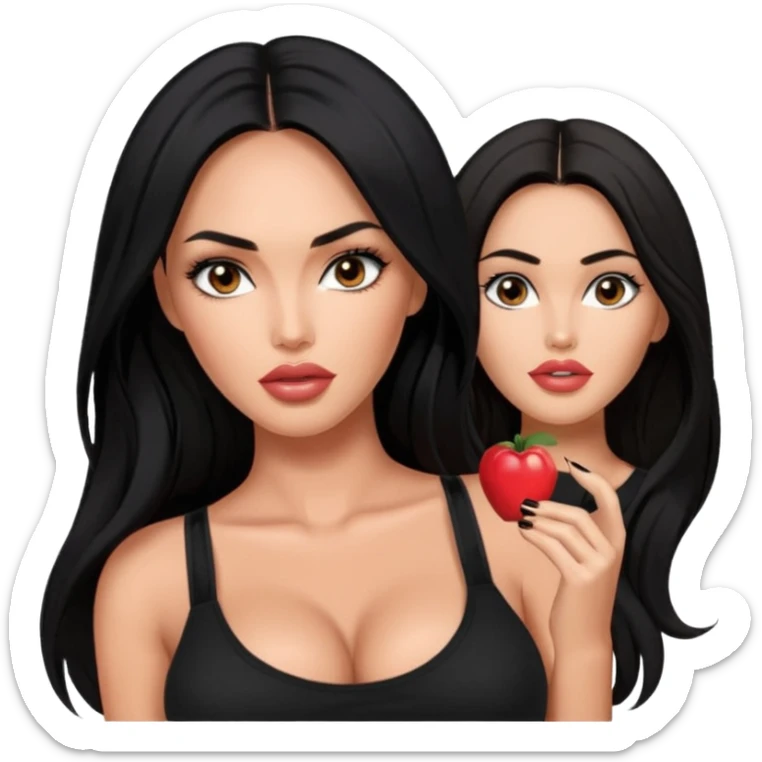 Megan fox, fashion model Beautiful woman model adult   large breasts  with monolid narrow dark brown eyes tan  skin, full lips  long hair model black   top   sticker