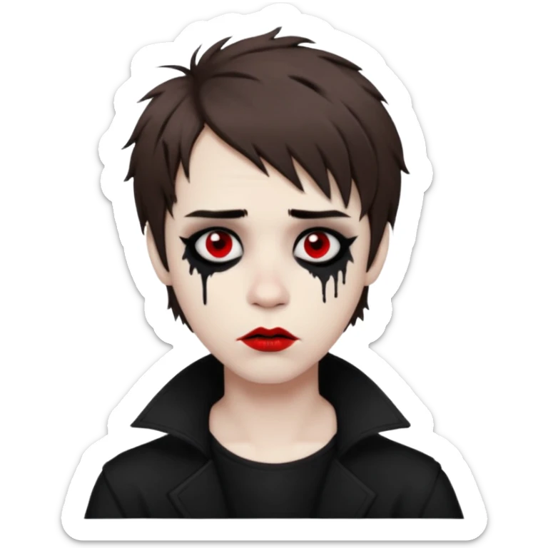 Happy pale Goth boy with shaggy brown hair, and messy black eyeliner , smudged, red, lipstick  sticker