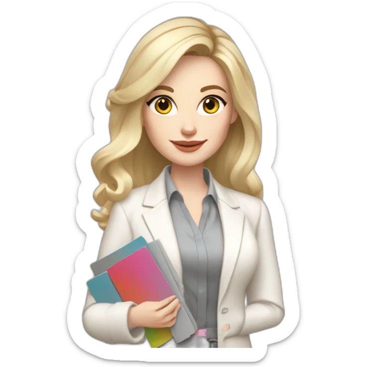pale skin woman interior designer with cold blonde middle length hair, gray eyes, White classical jacket, blouse, Gray skirt holding a color palette in the hands sticker