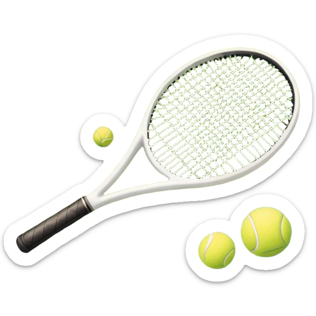 A tennis racket resting on the green grass of a tennis court, with a tennis ball placed nearby and the net stretching across the court. The background captures the fresh, open atmosphere of a traditional grass court, emphasizing the elegance and precision of the sport. sticker