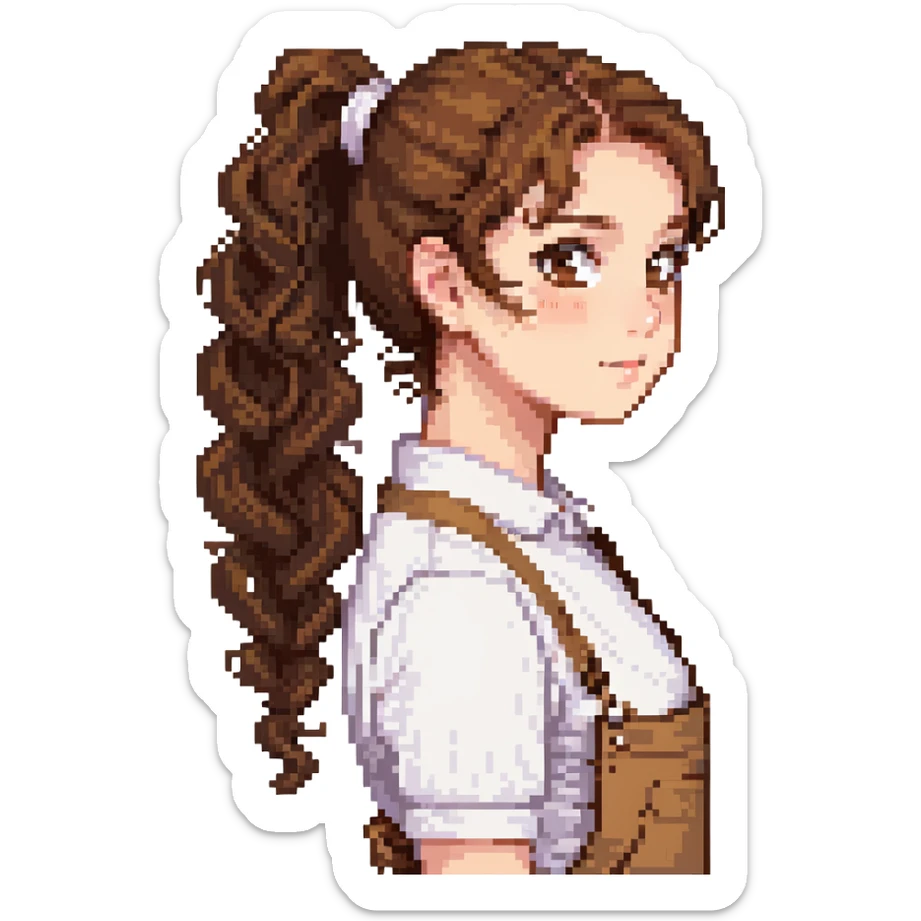 girl with brown curly hair in a ponytail, brown eyes, brown hair sticker