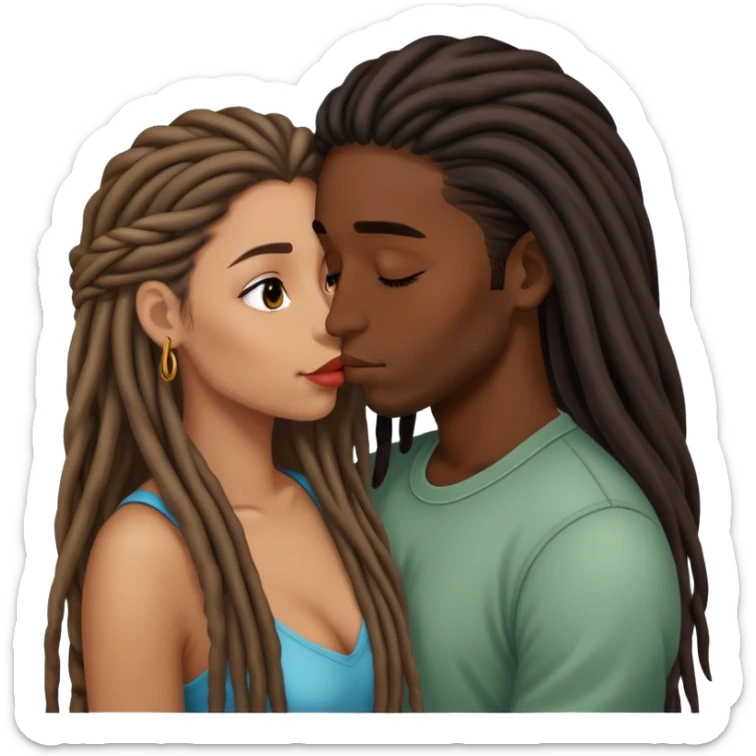 Latina Woman with long hair kissing a young black guy with dreads no beard sticker
