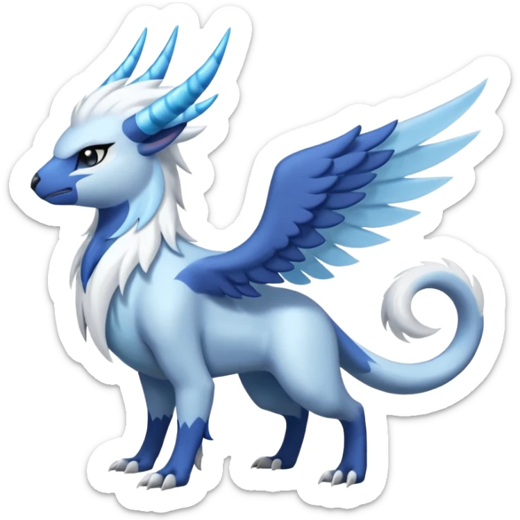 Icy Arctic Frost-Blue Pale-Shimmering Snow-Dusted Majestic Absol-Nargacuga-Meloetta-Latios-fusion-creature (full body) sticker