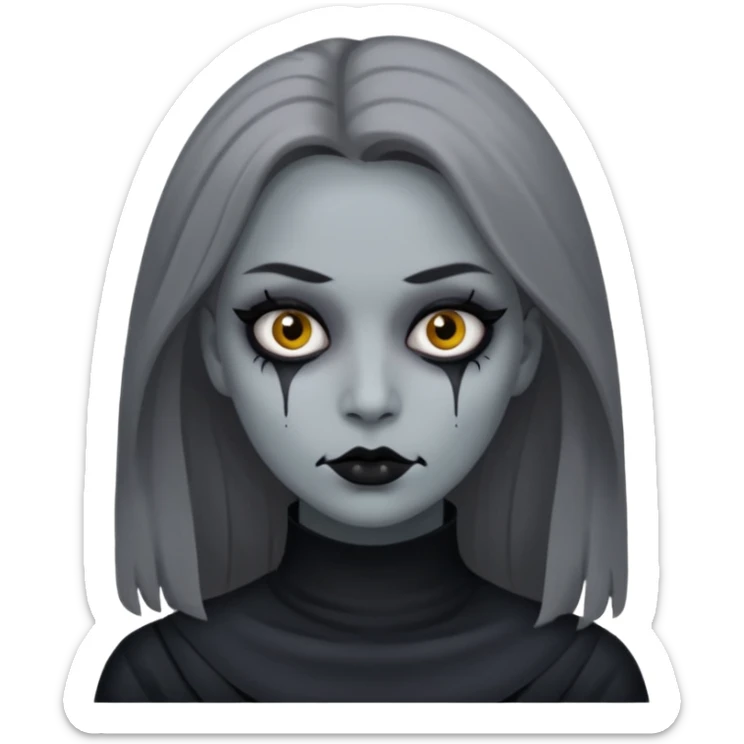 woman with gray skin and white eyes and a creepy face sticker