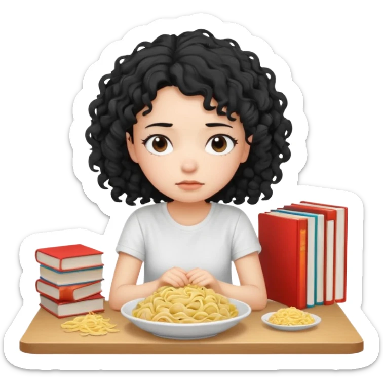 generate a pretty bratz fair skinned girl with curly black hair wearing a white tshirt sitting on a table with noodles and books. looking sleepy and tired sticker