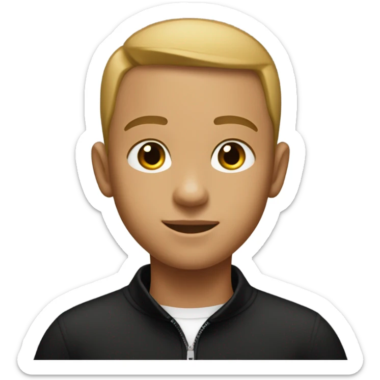 boy with light tanned skin, buzz cut, no facial hair, wearing a smart black quarter zip jumper with white t shirt underneath. sticker