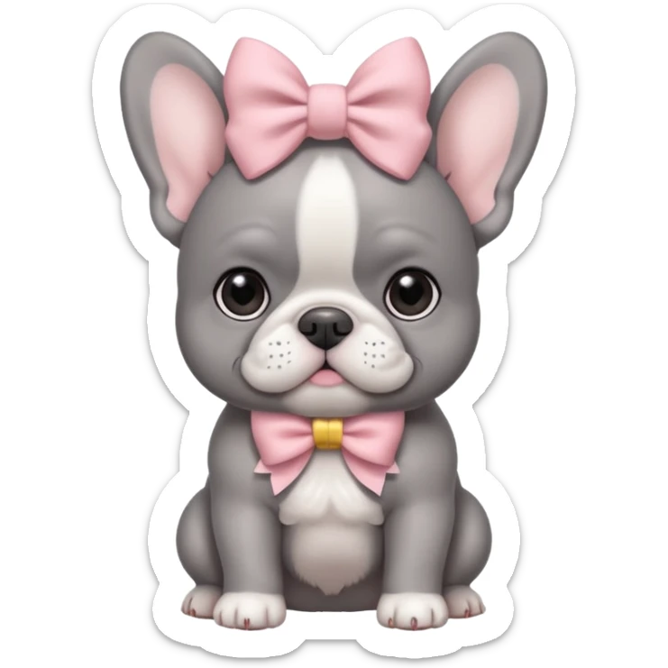 Gray French bulldog puppy with white belly, with pale pink bow sticker