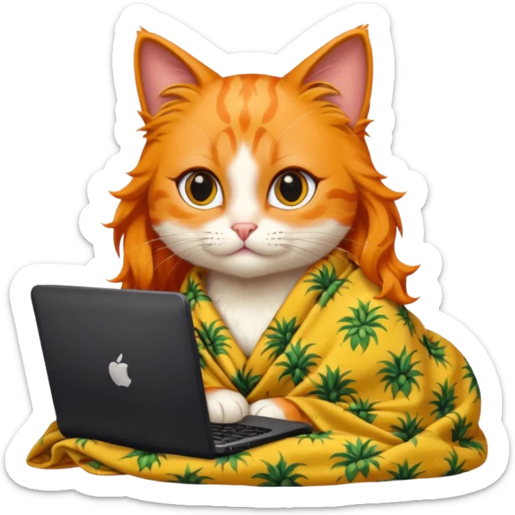 An orange female cat with a computer, with long eyelashes and black wavy hair,
She wears a blanket with pineapple patterns on her body sticker