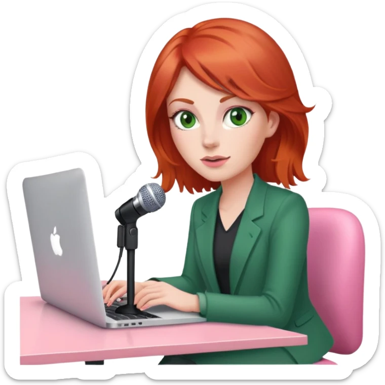 Red head green eyed woman sat at desk with MacBook, microphone and iPhone sat on a pink desk chair  sticker