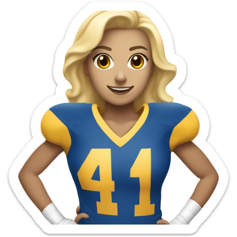 Blonde Cheerleader in Blue and gold uniform with a football player in blue and gold with the number 41 sticker