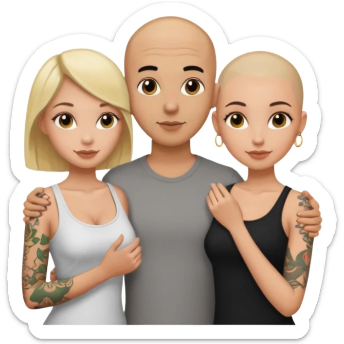 throuple tatted bald boyfriend with blonde girl friend and brunette girlfriend sticker