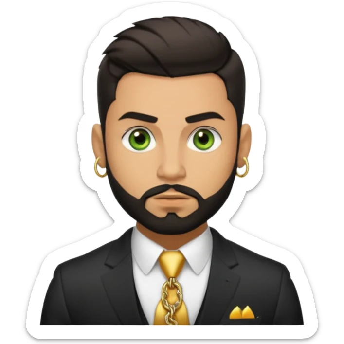 green eyes, dark short hair, muscular shoulders, gold chain, big lips big nose big eyes, masculine good looking, dark beard wearing a suit buttons of the shirt open and olive skin tone  sticker