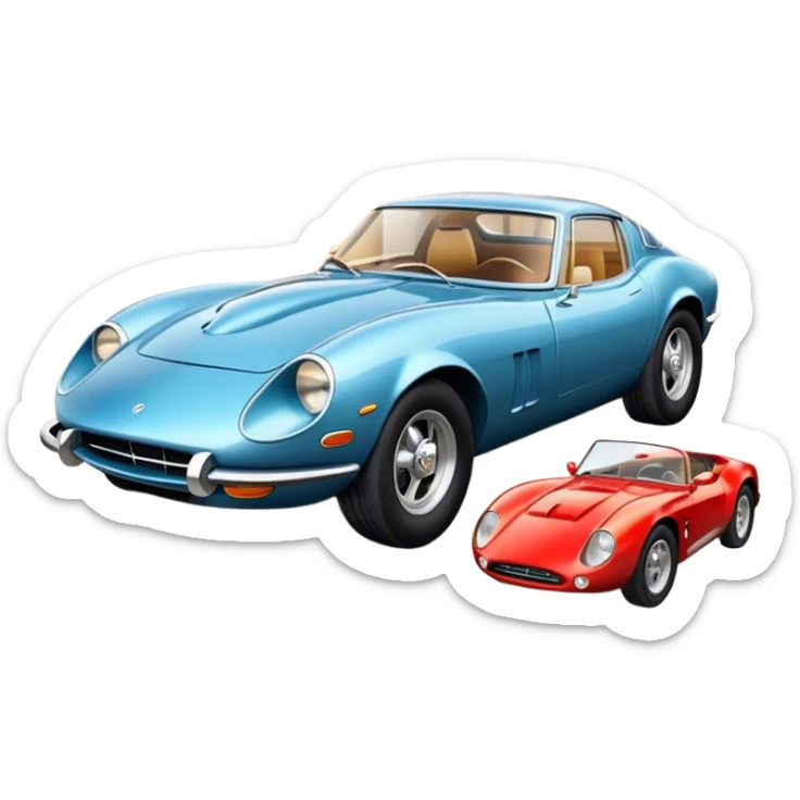 Collage emoji symbolizing a passion for cars: a sleek sports car, a vintage classic car, and an off-road SUV. The background features a cozy garage with tools, car posters, and warm lighting, emphasizing a home hobby atmosphere. Transparent background. sticker