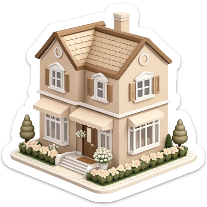 Isometric exterior little cozy beige and white wedding boutique dollhouse style 3D realistic  sticker
