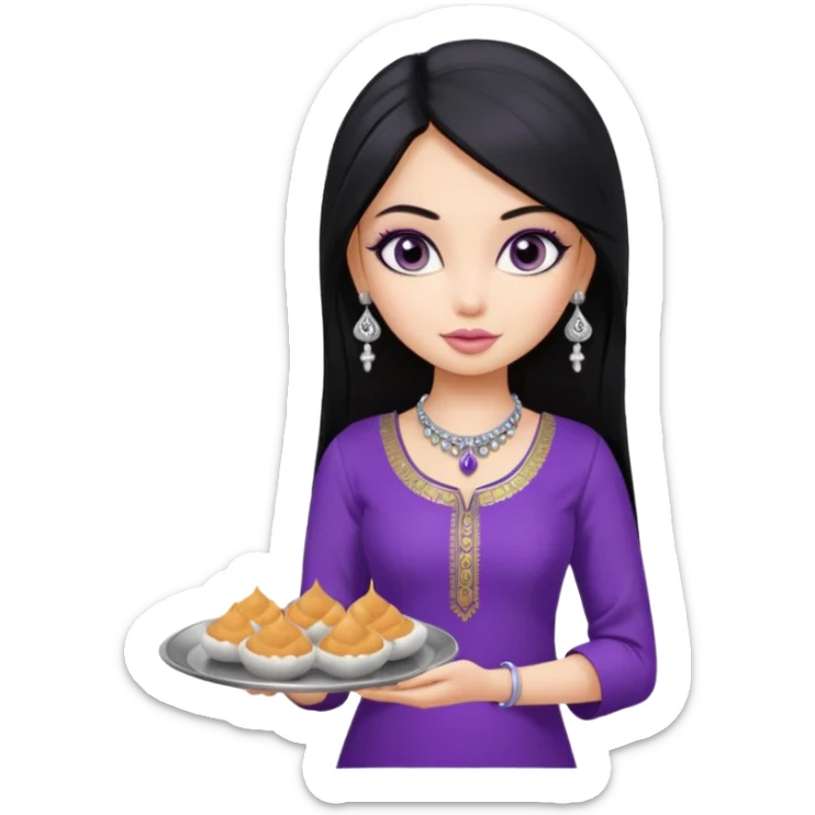 a pretty bratz girl with straight black hair, wearing a purple kurti, silver jhumkas, eyeliner, carrying a plate of momos sticker